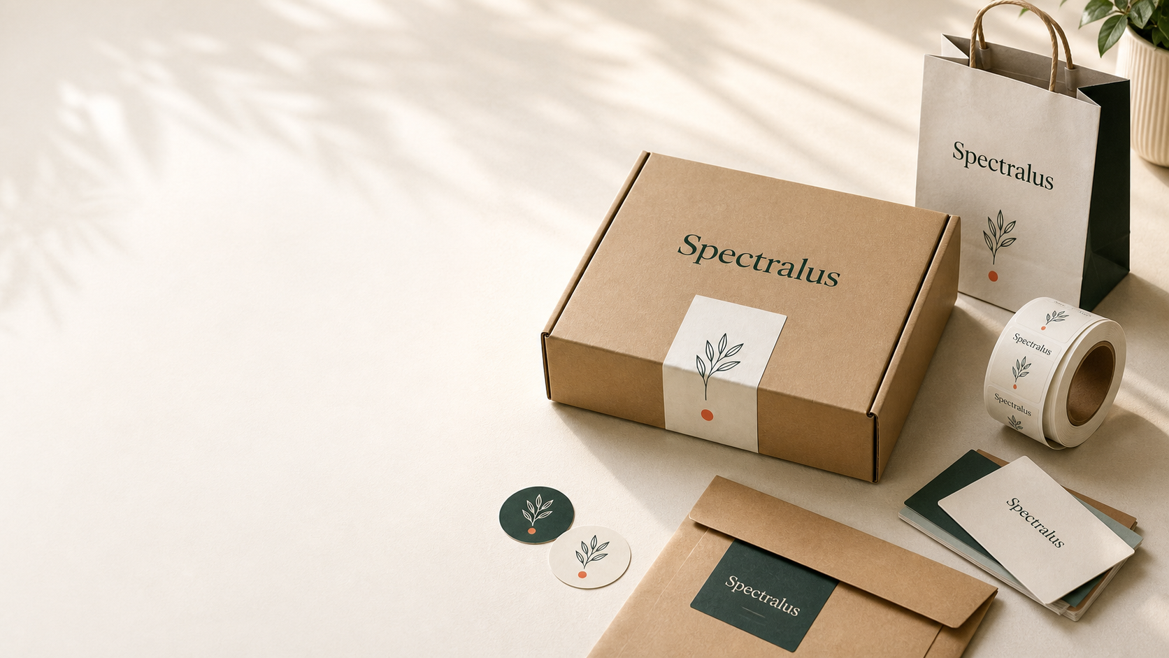 Spectralus packaging concept: a kraft box, branded bag, labels and stationery